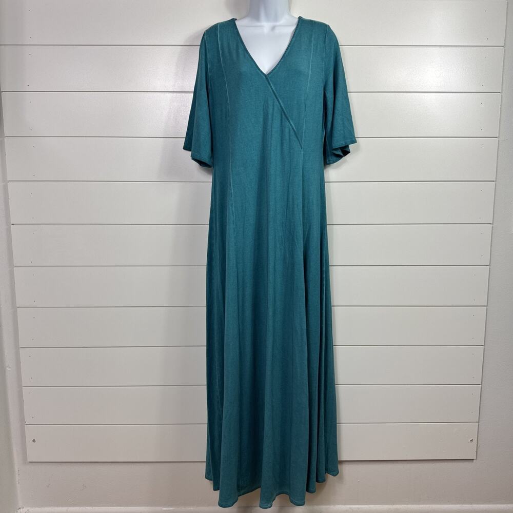 Soft Surroundings Maxi Dress Knit Stretch Bell Sleeve Teal Blue sz M
